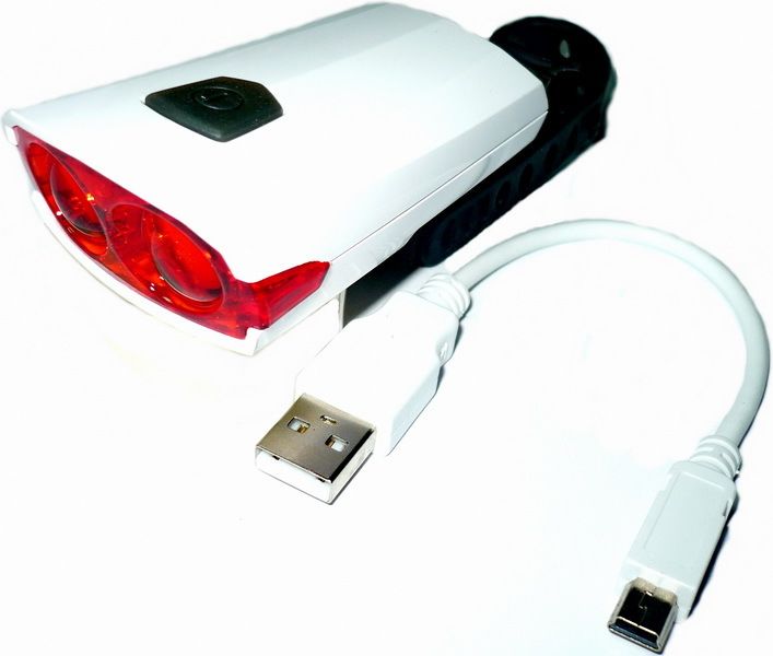 Велофара задняя, 2 светодиода (USB-кабель для зарядки)