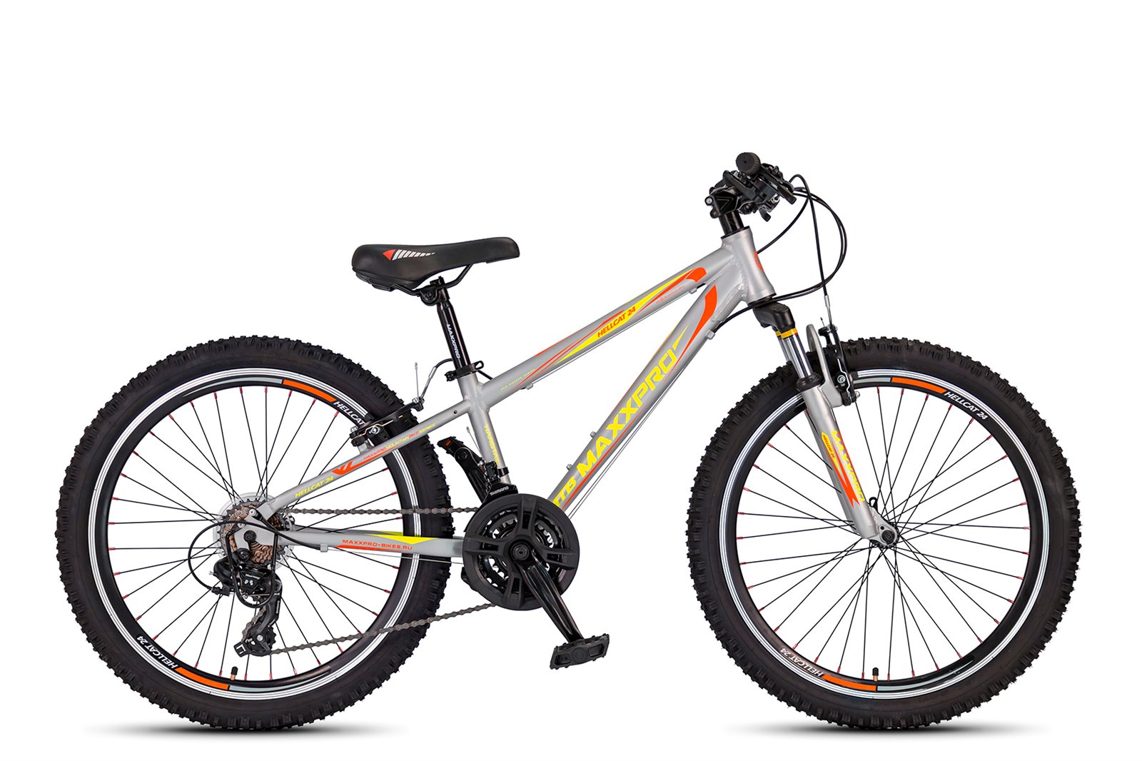 Подростковый горный велосипед MAXXPRO HELLCAT 24, серо-оранжево-желтый